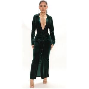 Fashion Nova Velvet Maxi Dress Hunter Green Plunge Evening Party Dress M